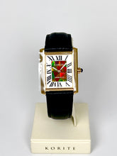 将图片加载到图库查看器,Ammolite Watch- Small- Roman Mosaic Rectangle Watch-Black Leather Strap (Korite)