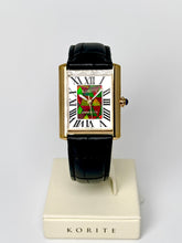 将图片加载到图库查看器,Ammolite Watch- Small- Roman Mosaic Rectangle Watch-Black Leather Strap (Korite)