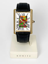 将图片加载到图库查看器,Korite Ammolite Watch- Large-Roman Mosaic Rectangle Watch-Black Leather Strap