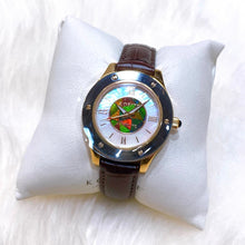 将图片加载到图库查看器,Korite Ammolite Watch- Small-Mosaic Ammolite white Mother of Pearl 36mm Round Watch-Brown Leather Strap