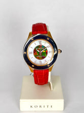 Load image into Gallery viewer, Ammolite Watch-Small-Mosaic Ammolite white Mother of Pearl 36mm Round Watch-Red Leather Strap (Korite)