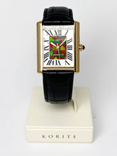 将图片加载到图库查看器,Korite Ammolite Watch- Small- Roman Mosaic Rectangle Watch-Black Leather Strap
