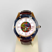 将图片加载到图库查看器,Ammolite Watch- Large-Mosaic Ammolite white Mother of Pearl 43mm Round Watch-Brown Leather Strap (Korite)