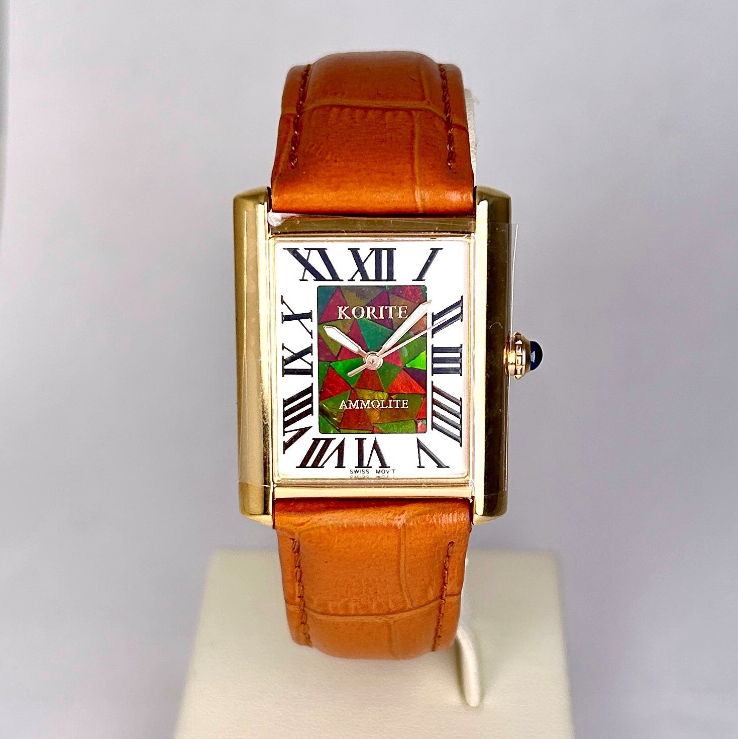 Ammolite Watch Small Roman Mosaic Rectangle Watch Tan Leather