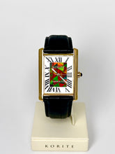将图片加载到图库查看器,Ammolite Watch- Large-Roman Mosaic Rectangle Watch-Black Leather Strap (Korite)