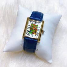 将图片加载到图库查看器,Korite Ammolite Watch- Small- Roman Mosaic Rectangle Watch-Navy Blue Leather Strap
