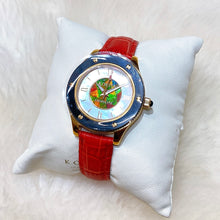Load image into Gallery viewer, Korite Ammolite Watch-Small-Mosaic Ammolite white Mother of Pearl 36mm Round Watch-Red Leather Strap