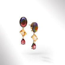 将图片加载到图库查看器,Ammolite Earrings 18k Gold Vermeil RADIANT Drop Earrings with Garnet and Citrine