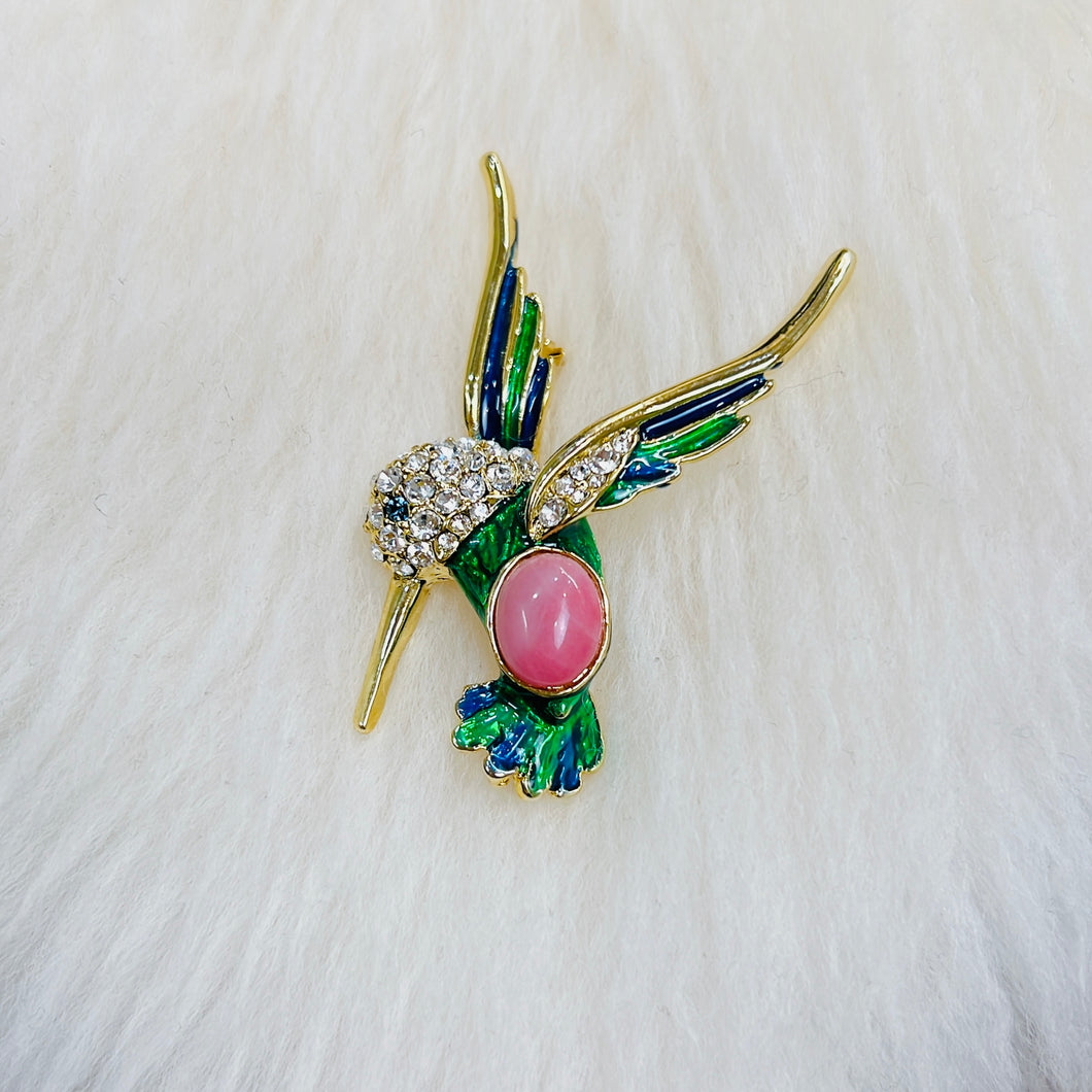 Canadian Rhodonite Humming Bird Brooch / Pin Gold Colour