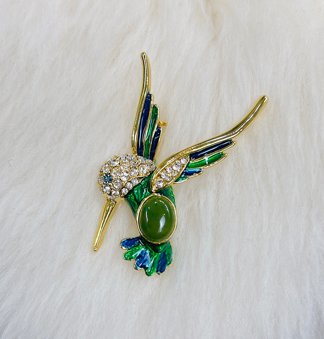 Canadian BC Jade Humming Bird Brooch / Pin Gold Colour