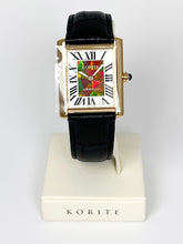 Load image into Gallery viewer, Korite Ammolite Watch- Small- Roman Mosaic Rectangle Watch-Black Leather Strap
