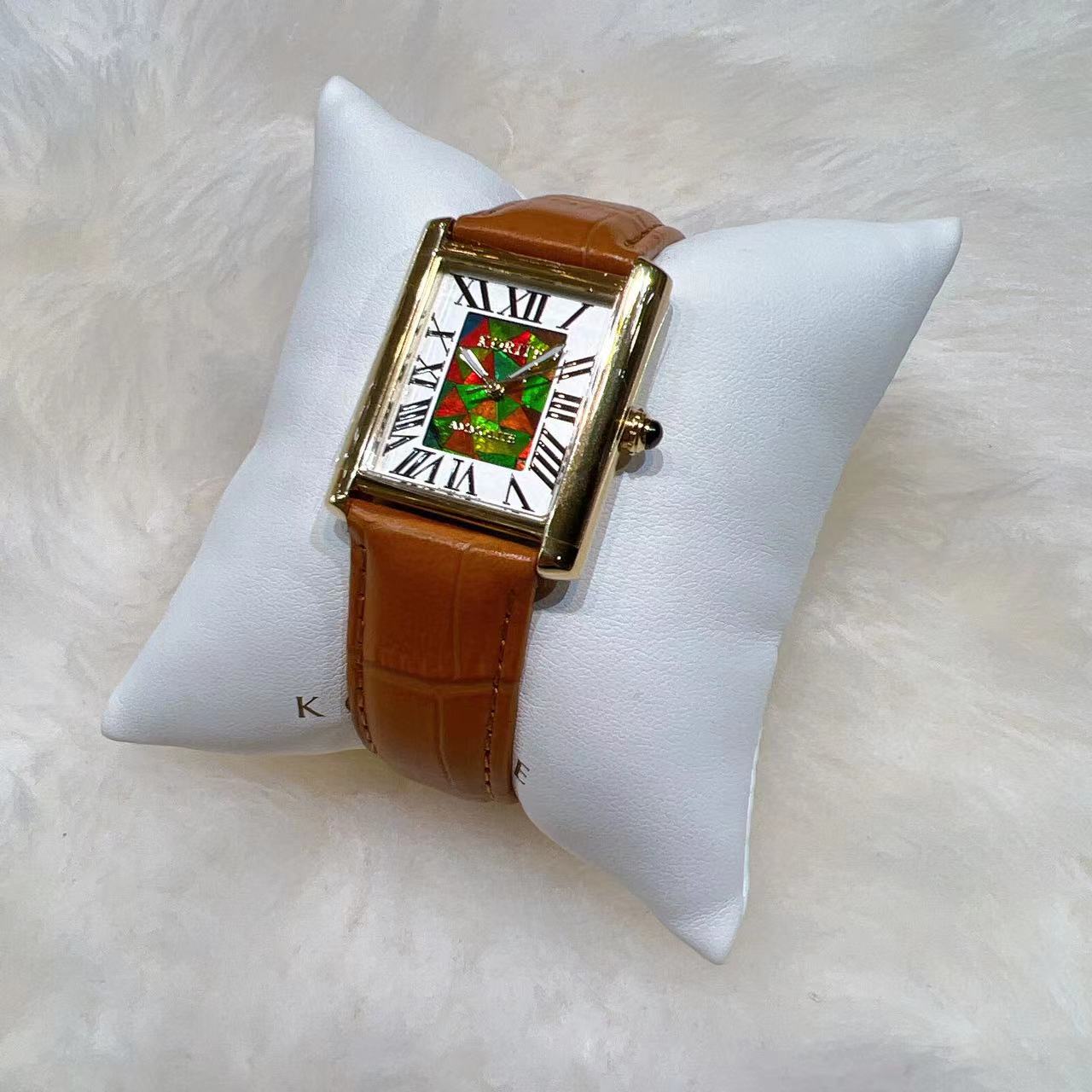 Ammolite Watch- Small- Roman Mosaic Rectangle Watch-Tan Leather
