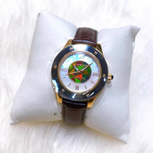 Load image into Gallery viewer, Korite Ammolite Watch- Small-Mosaic Ammolite white Mother of Pearl 36mm Round Watch-Brown Leather Strap

