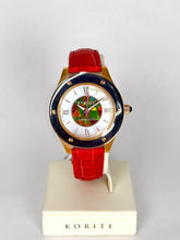 将图片加载到图库查看器，Ammolite Watch-Small-Mosaic Ammolite white Mother of Pearl 36mm Round Watch-Red Leather Strap (Korite)
