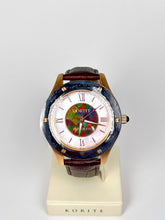 Load image into Gallery viewer, Ammolite Watch- Large-Mosaic Ammolite white Mother of Pearl 43mm Round Watch-Brown Leather Strap (Korite)
