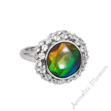 Load image into Gallery viewer, Sterling Silver Round Ammolite Ring with Swarovski Crystals
