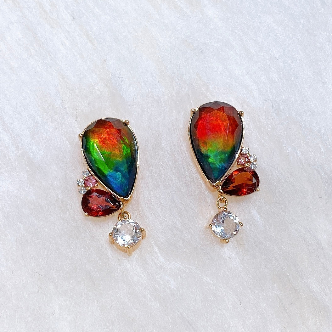 Ammolite Earrings 18k Rose Gold Vermeil ADORE Heart Ammolite earrings with Tourmaline, Garnet and White Topaz