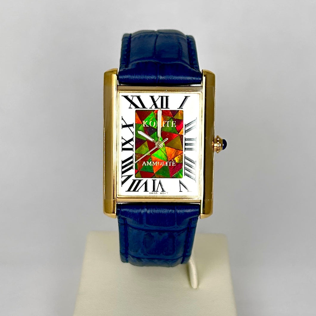 Ammolite Watch- Large-Roman Mosaic Rectangle Watch-Navy Blue Leather Strap (Korite)