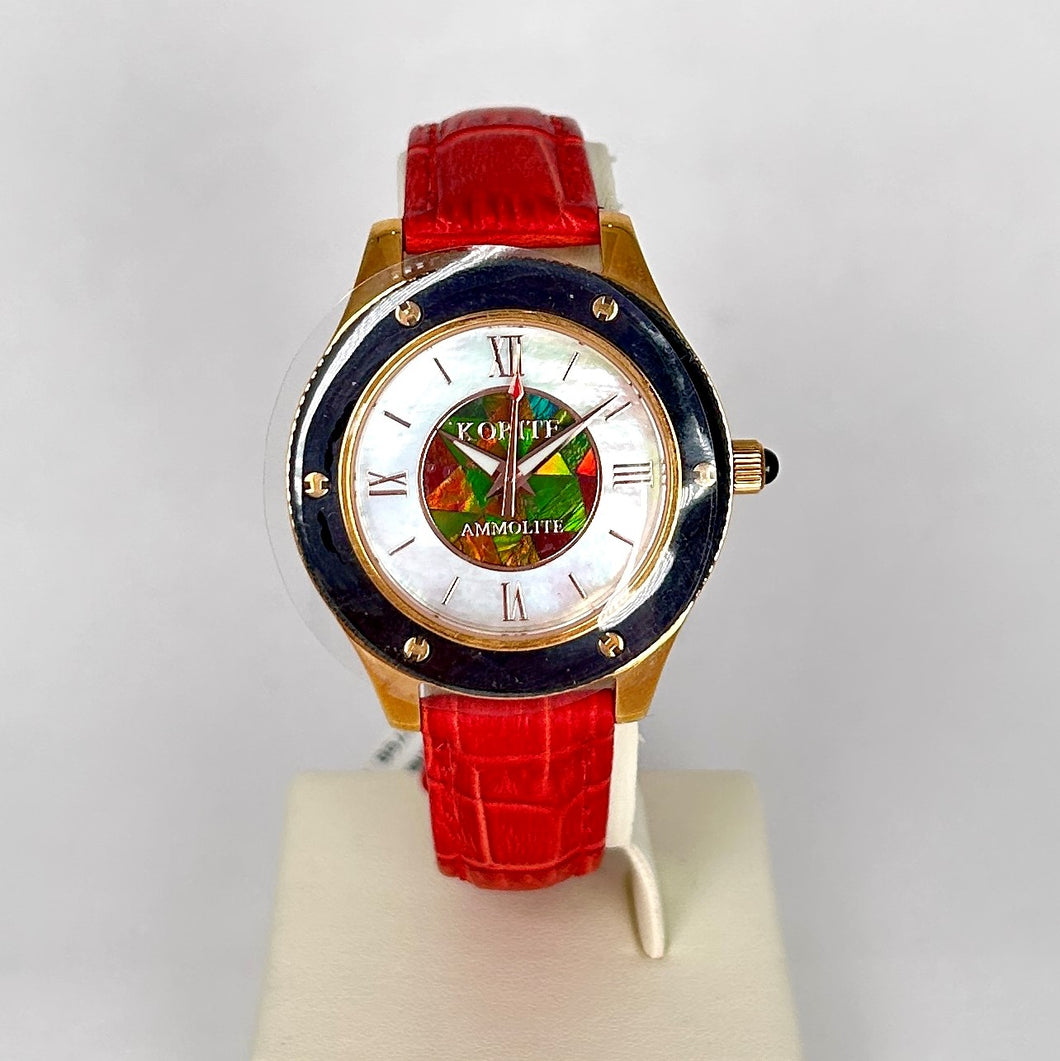 Ammolite Watch-Small-Mosaic Ammolite white Mother of Pearl 36mm Round Watch-Red Leather Strap (Korite)