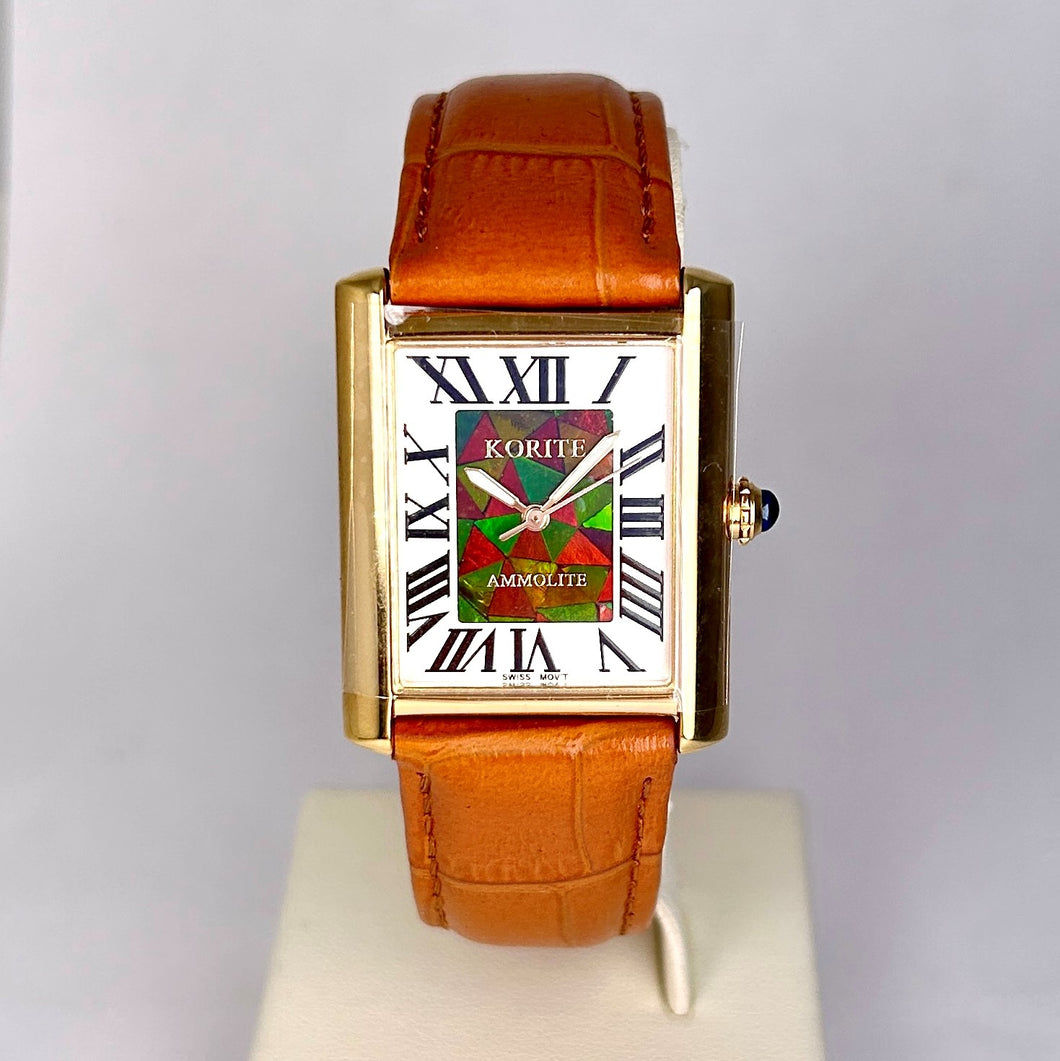 Ammolite Watch- Small- Roman Mosaic Rectangle Watch-Tan Leather Strap (Korite)