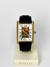 Load image into Gallery viewer, Ammolite Watch- Large-Roman Mosaic Rectangle Watch-Black Leather Strap (Korite)
