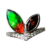Load image into Gallery viewer, Ammolite Ring Sterling Silver RABBIT RIng with Garnet and Topaz

