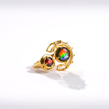Load image into Gallery viewer, Ammolite Ring 18k Gold Vermeil PROSPERITY Ring with Garnet and White Topaz

