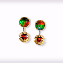 Load image into Gallery viewer, Ammolite Earrings 18k Gold Vermeil PROSPERITY Earrings with Garnet and White Topaz
