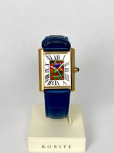 Load image into Gallery viewer, Ammolite Watch- Small- Roman Mosaic Rectangle Watch-Navy Blue Leather Strap (Korite)
