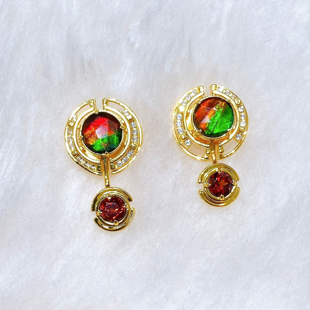 Ammolite Earrings 18k Gold Vermeil PROSPERITY Earrings with Garnet and White Topaz