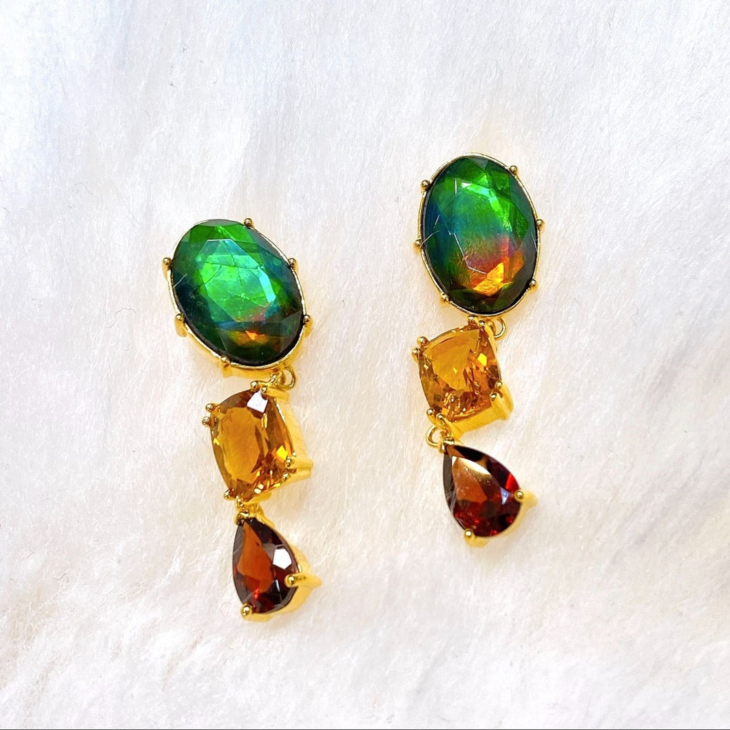 Ammolite Earrings 18k Gold Vermeil RADIANT Drop Earrings with Garnet and Citrine