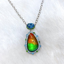Load image into Gallery viewer, Ammolite Pendant Sterling Silver WAVES HALO Pendant with Swiss Blue Topaz and Diopside
