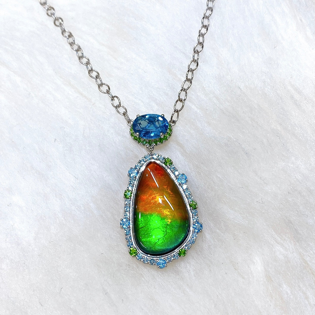 Ammolite Pendant Sterling Silver WAVES HALO Pendant with Swiss Blue Topaz and Diopside
