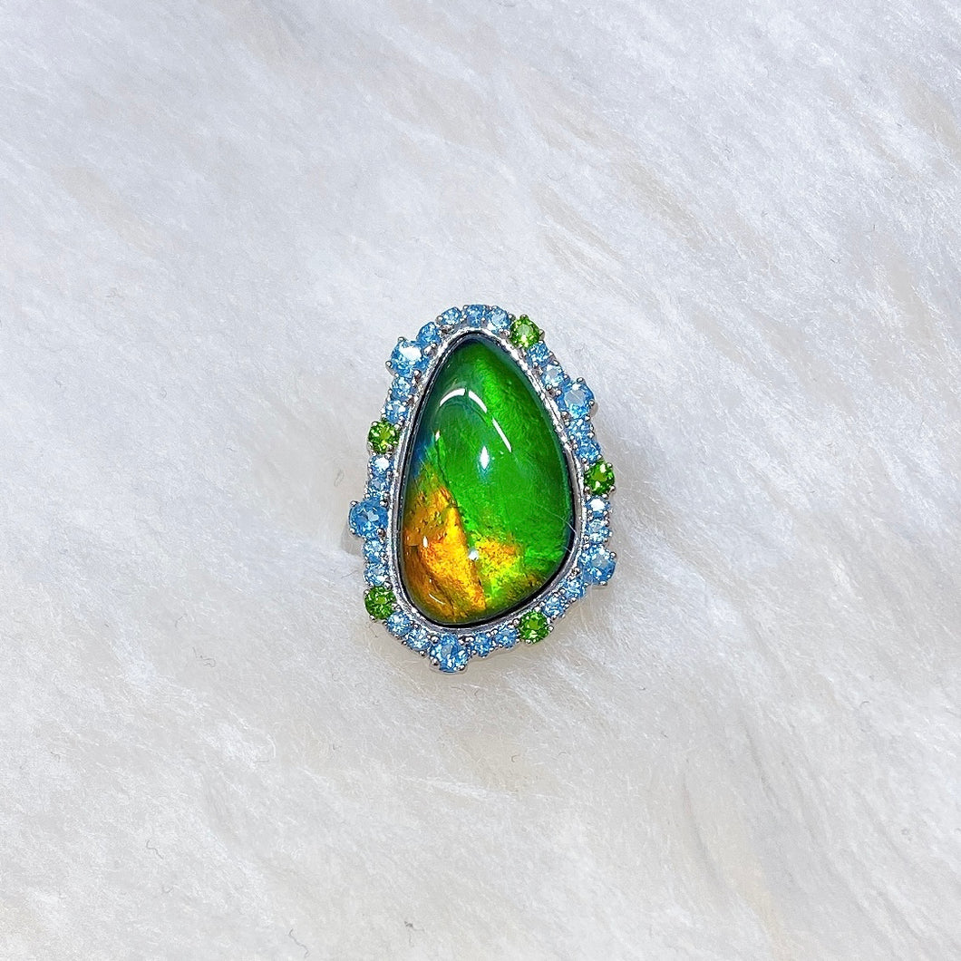 Ammolite Ring Sterling Silver WAVES HALO Ring