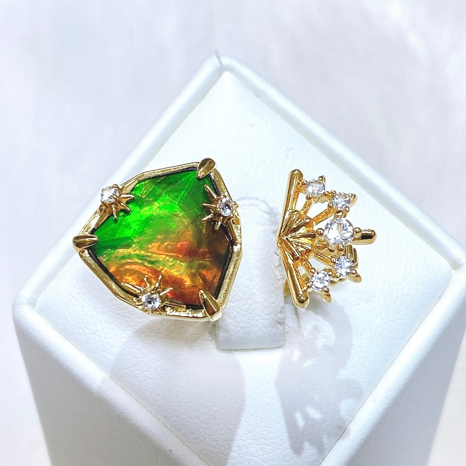 Ammolite Ring 18k Gold Vermeil STARLIGHT Trillion Ammolite Double Ring  with White Topaz