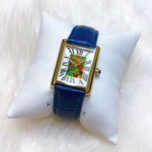 Load image into Gallery viewer, Korite Ammolite Watch- Small- Roman Mosaic Rectangle Watch-Navy Blue Leather Strap
