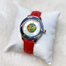 Load image into Gallery viewer, Korite Ammolite Watch-Small-Mosaic Ammolite white Mother of Pearl 36mm Round Watch-Red Leather Strap
