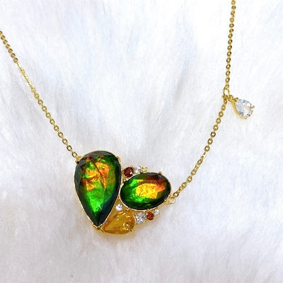 Ammolite Necklace 18k Gold Vermeil RADIANT Heart pendant with Garnet, Citrine and White Topaz