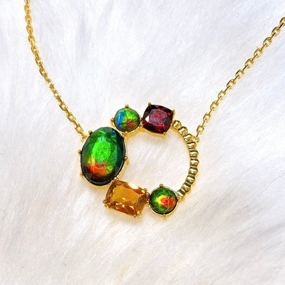 Ammolite Necklace 18k Gold Vermeil RADIANT Slider Necklace with Garnet and Citrine